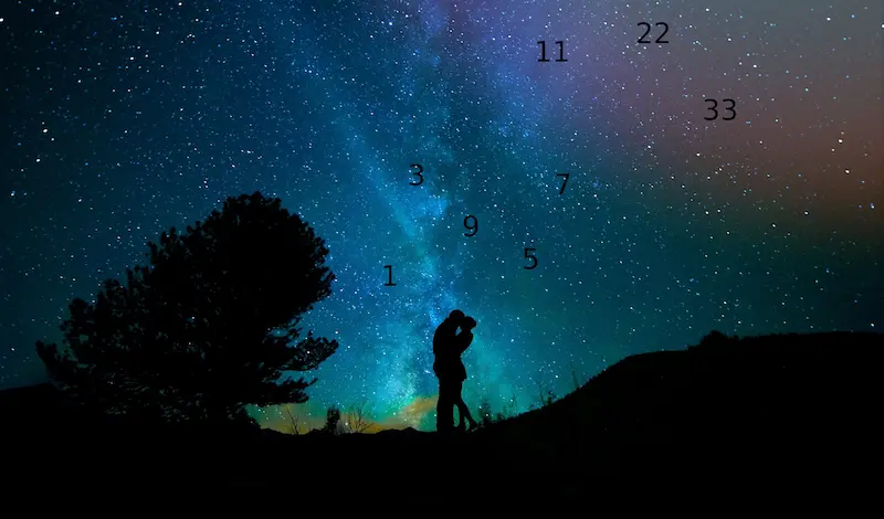 Universo ao fundo com alguns números, representando a numerologia do nome, na frente, as sombras de montanha com uma arvore e um casal se abraçando