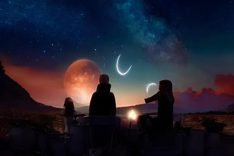 Desvendando o numero 17:17, pessoas observando 2 luas e um outro planeta