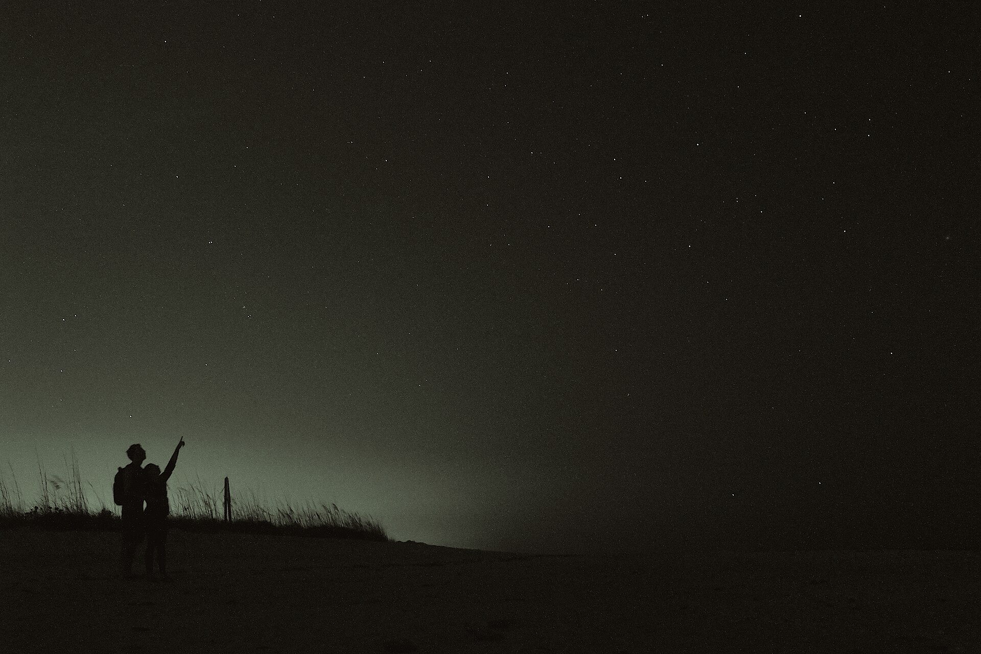 Silhuetas de duas pessoas apontando para o céu estrelado à noite, na beira de uma praia