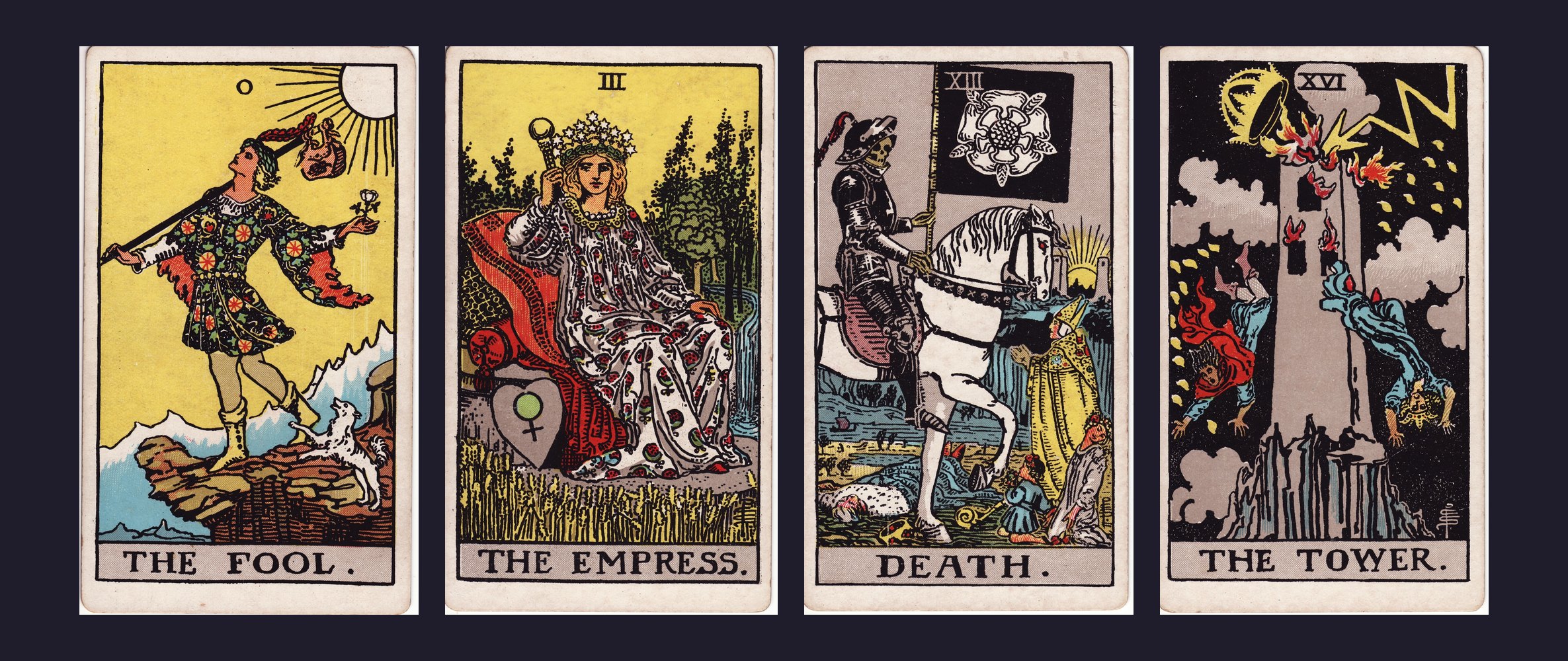 Quatro cartas do tarô Rider-Waite original lado a lado: O Louco, A Imperatriz, A Morte e A Torre